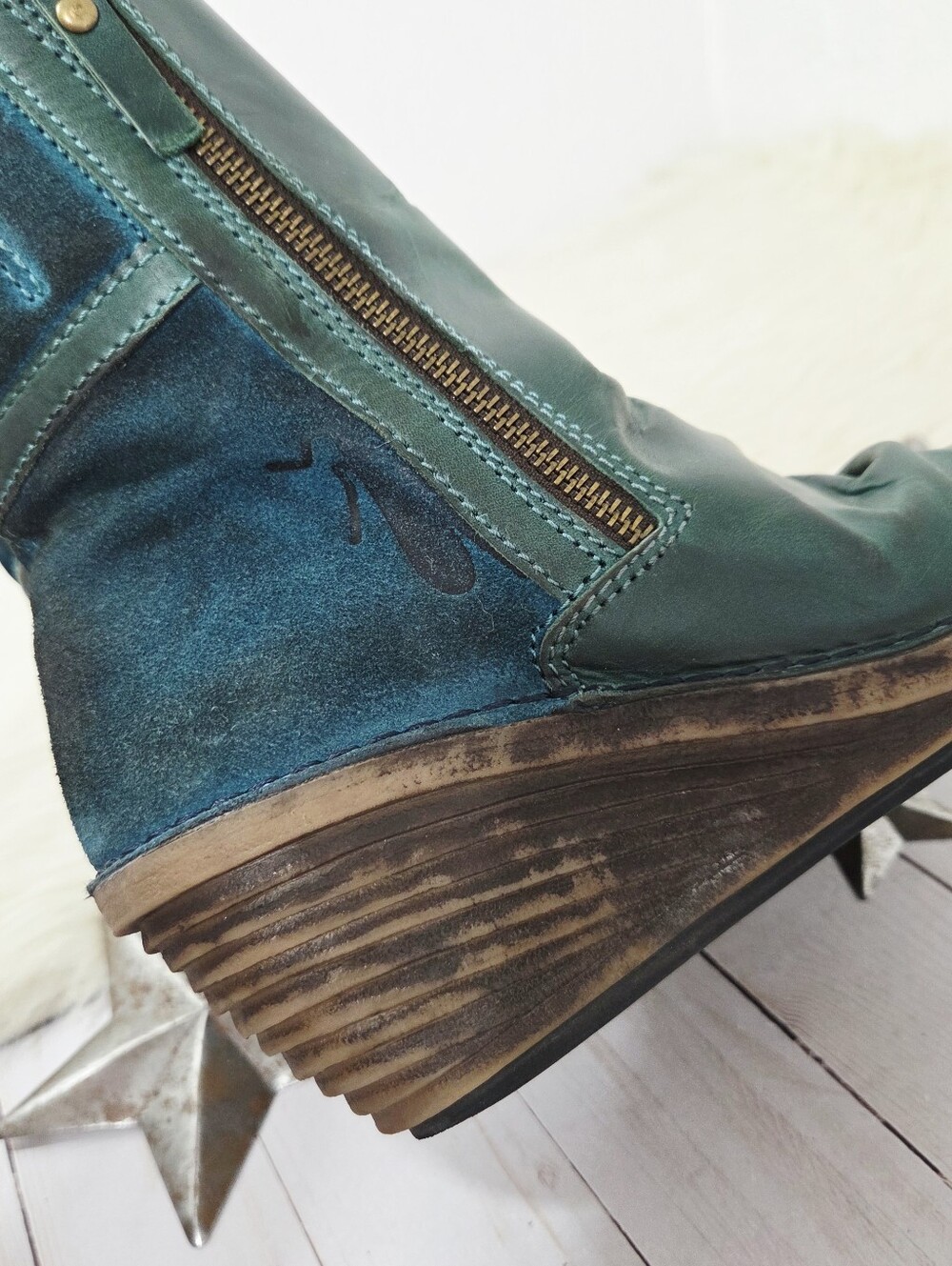 Fly London Simi wedge boots teal green blue suede leather distressed women's 39 - Picture 6 of 8